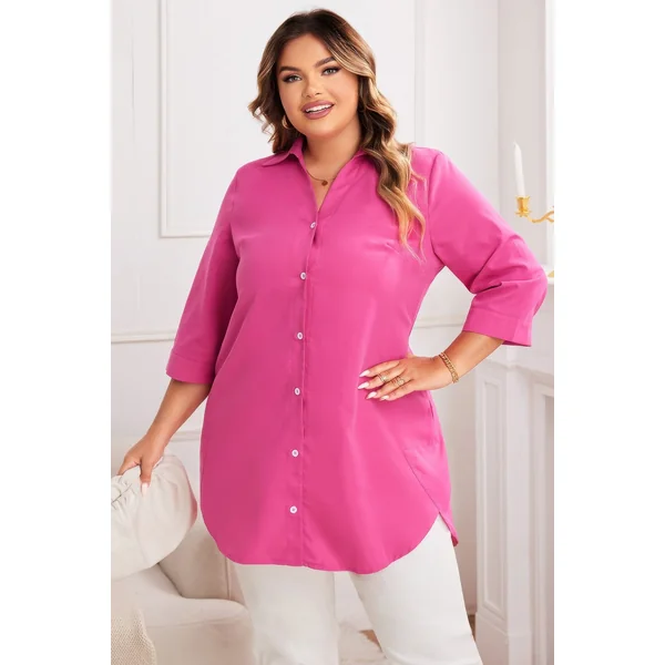 Plus A Line Button Loose Fit Pockets Solid Dress