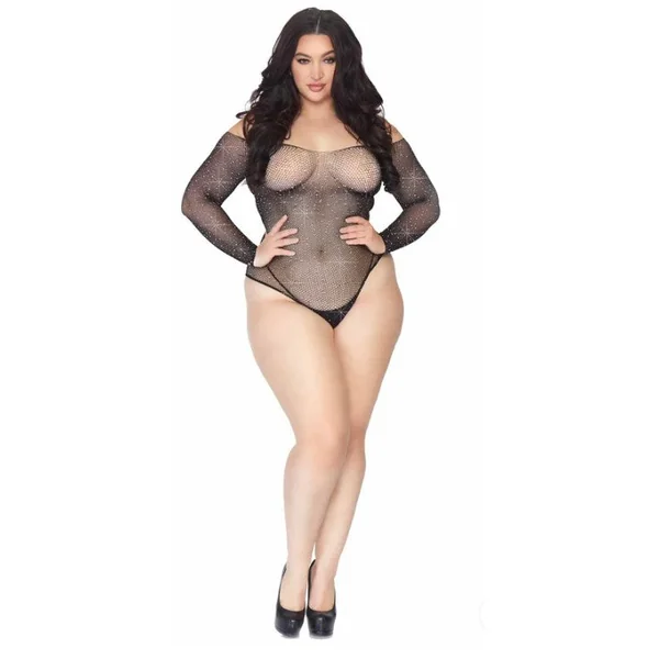 Plus Falling 4 U Rhinestone Bodysuit- Plus (Black)