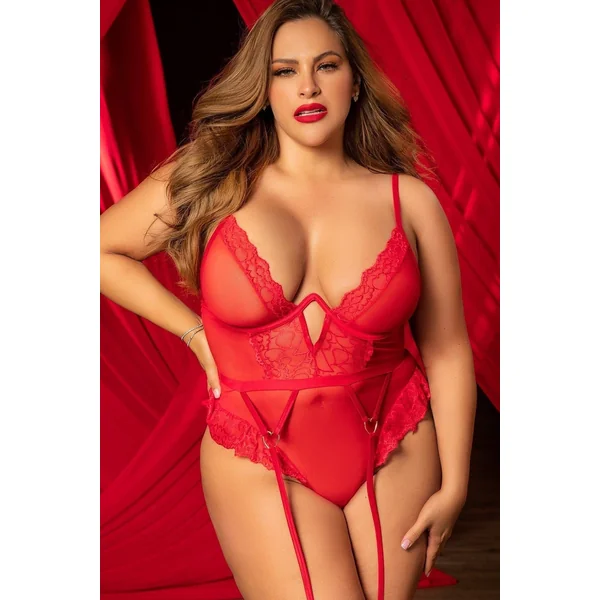 Plus Size Romantic Red Lace Bodysuit