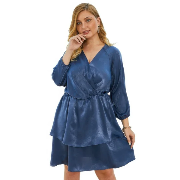 Plus Size Solid V Neck Ruffled Hem Dress