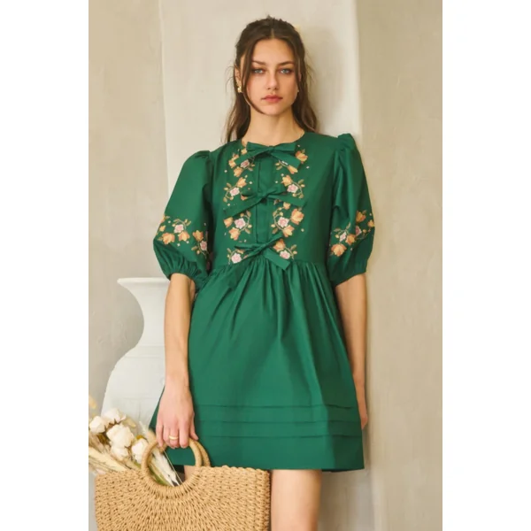 Poplin Front Ribbon Tie Baby Doll Dress