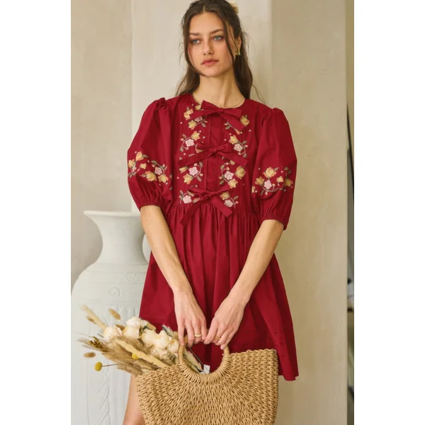 Poplin Front Ribbon Tie Baby Doll Dress