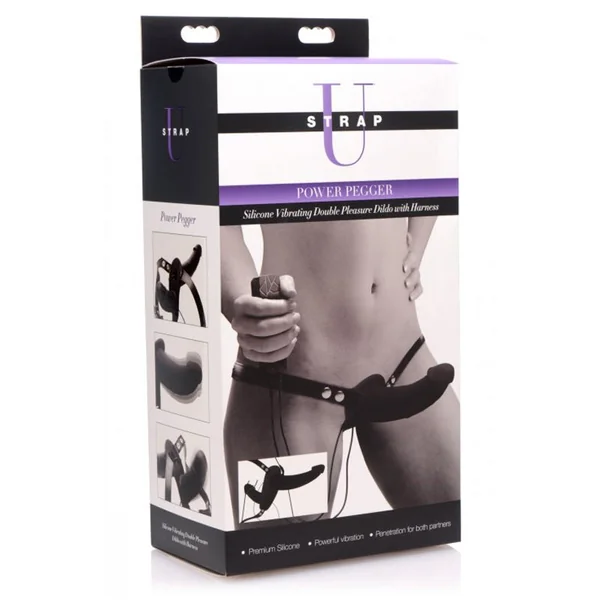 Power Pegger Black Silicone Vibrating Double Dildo with Harness