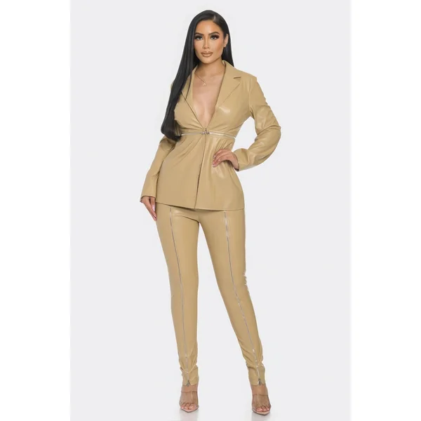 Pu Leather Zipper Pant Set