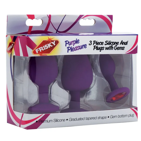 Purple Pleasure 3 Piece Silicone Anal Plugs With Gems
