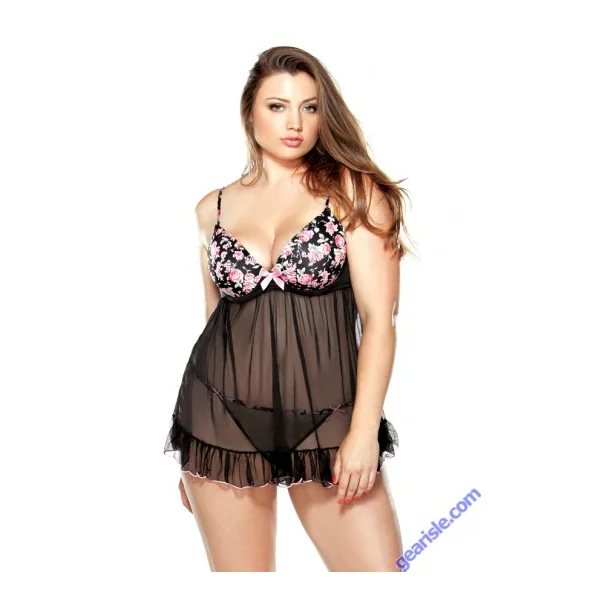 Pushup Floral Print Babydoll Matching G-string Curve P119