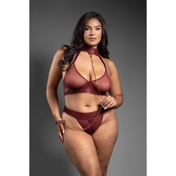 Queen Domina Embossed Faux Leather Sheer Bra Set Burgundy