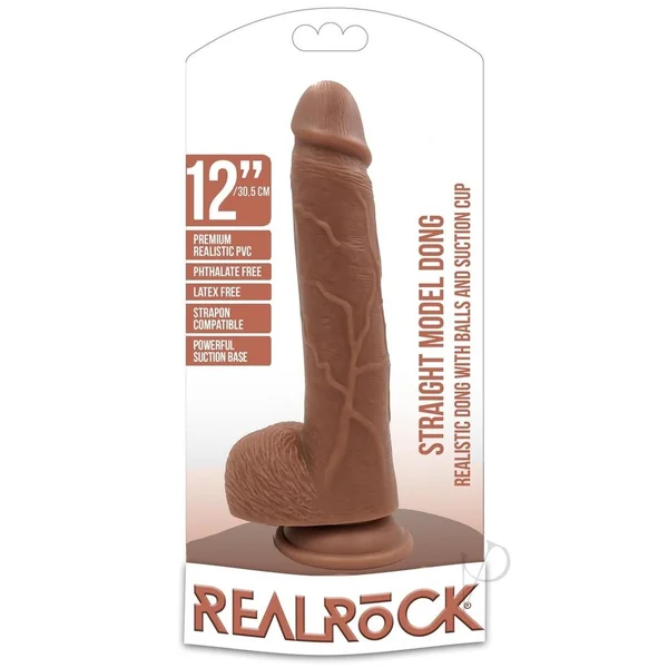 RealRock Straight Realistic Dildo with Balls and Suction Cup 12in - Caramel
