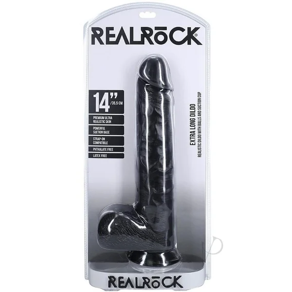 RealRock Ultra Realistic Skin Extra Large Straight Dildo with Balls and Suction Cup 14in - Black