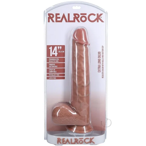 RealRock Ultra Realistic Skin Extra Large Straight Dildo with Balls and Suction Cup 14in - Caramel