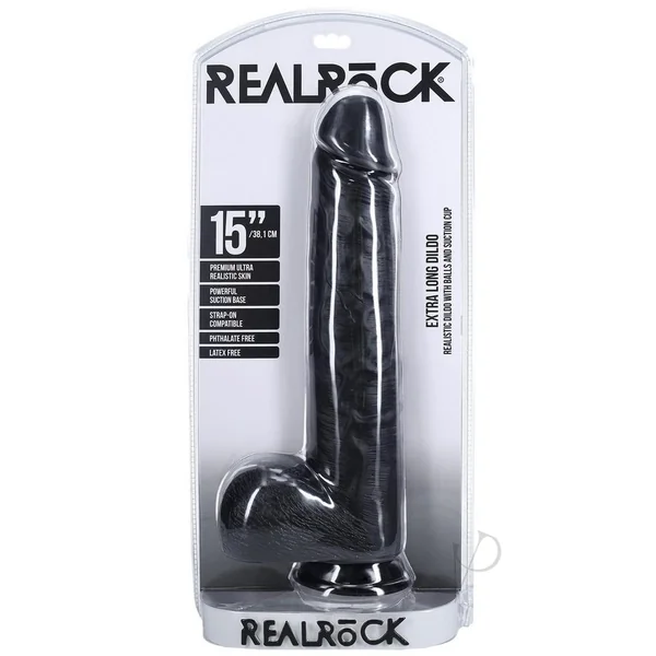 RealRock Ultra Realistic Skin Extra Large Straight Dildo with Balls and Suction Cup 15in - Black