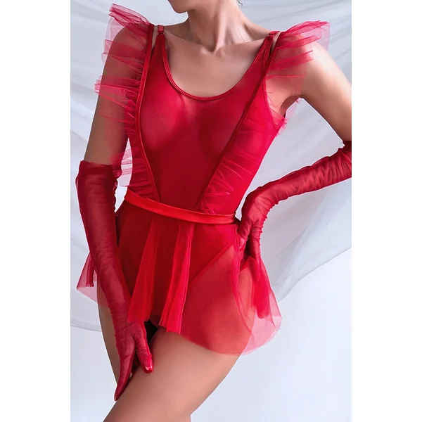 Red Mesh Ruffle Bodysuit Suspenders Overall Skirt Sexy 2Pc Lingerie Set