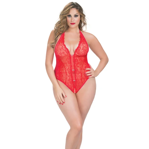Red Queen Size Crotchless Lace Teddy With Rhinestone Detail