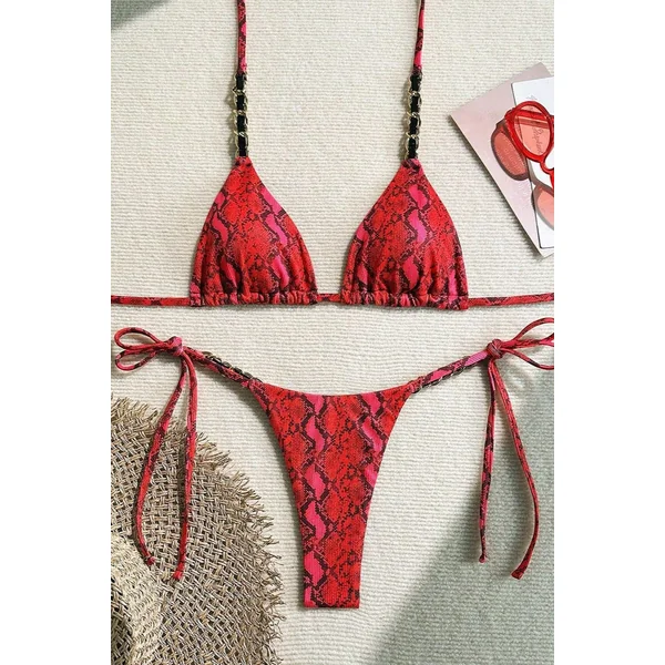 Red Snake Print Chain Thong Sexy 2Pc Swimsuit Set Bikini