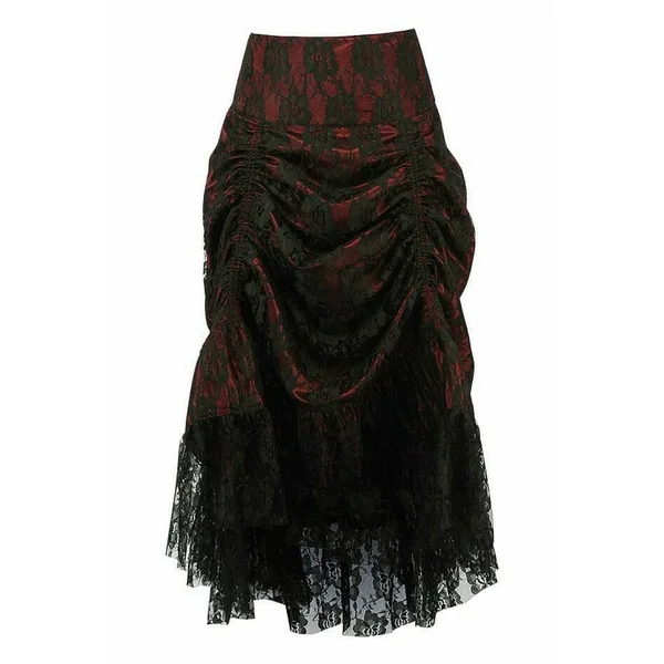 Red w/Black Lace Overlay Ruched Bustle Skirt