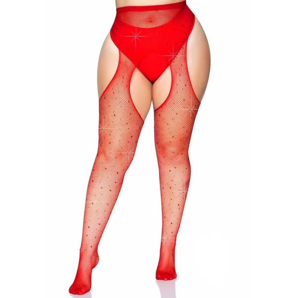 Rhinestone Crystalized Suspender Sexy Tights and Pantyhose Red
