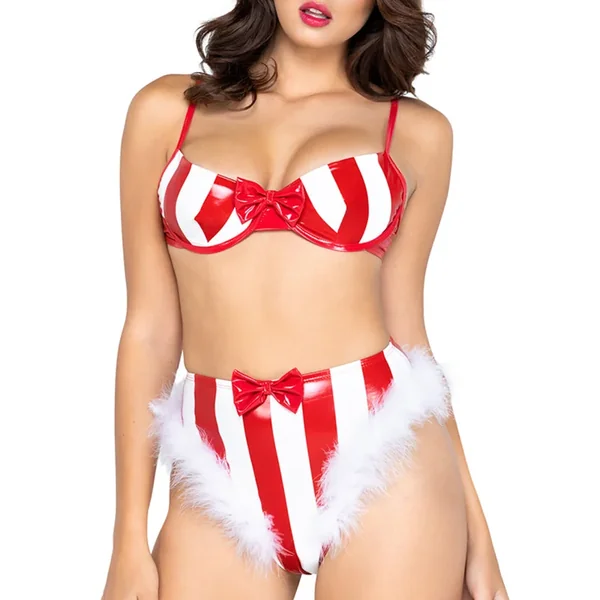 Roma Candy Stripe Vinyl & Marabou Trim Lingerie Set