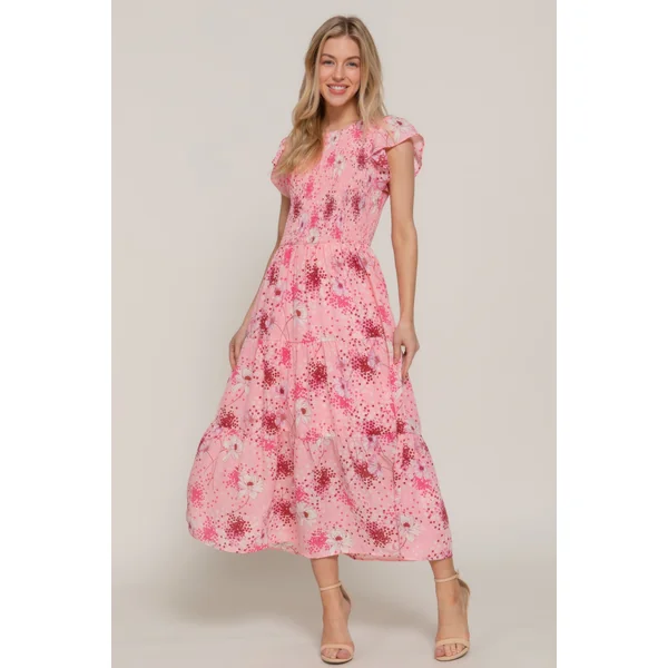 Ruffl Slv Smocked Floral Print Dresss