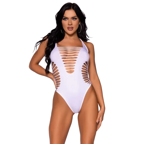 Seamless Shredded Racer Back Thong Bodysuit, White, One Size
