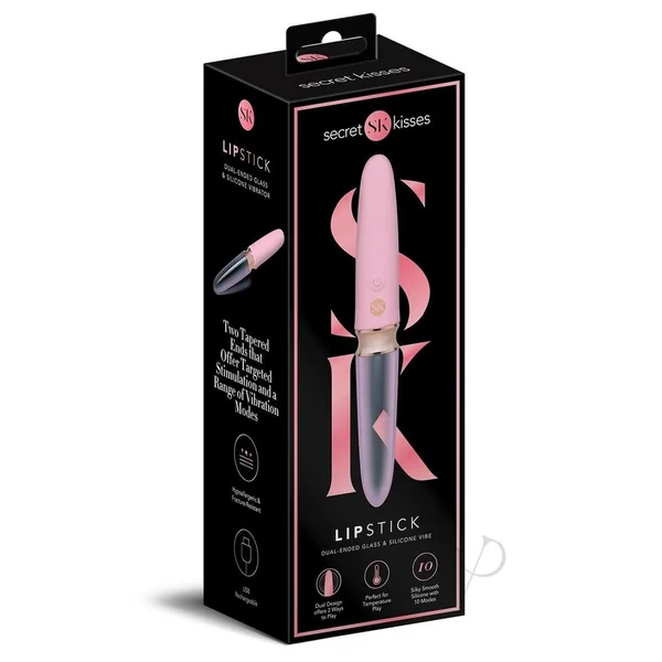 Secret Kisses Glass Lipstick Rechargeable Silicone Dual End Vibrator - Pink/Clear