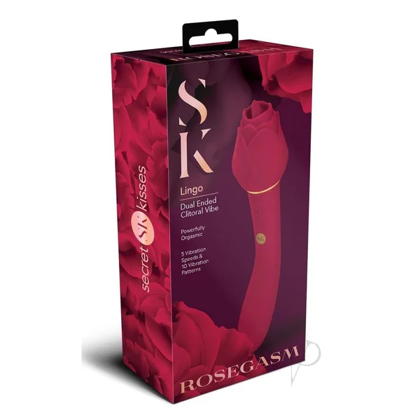 Secret Kisses Rosegasm Lingo Rechargeable Silicone Dual End Vibrator with Clitoral Stimulator - Red