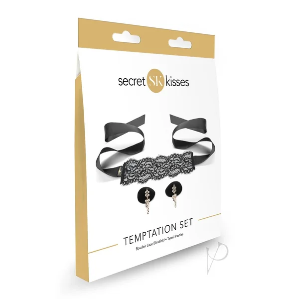 Secret Kisses Temptation Set Boudoir Lace Blindfold and Tassel Pasties - Black