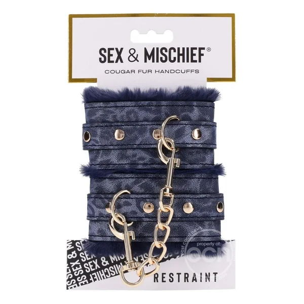 Sex & Mischief Cougar Fur Handcuffs - Navy/Gold