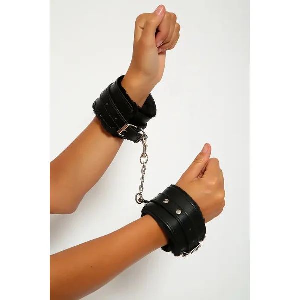 Sexy Black Faux Leather Faux Fur Handcuffs