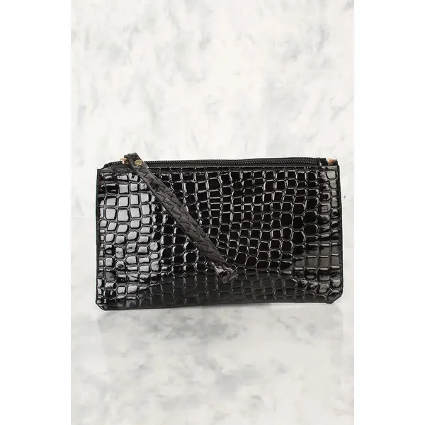 Sexy Black Patent Snake Print Wristlet Purse