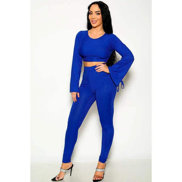 Sexy Blue Ribbed Bell Sleeve Top & Pants Matching 2 Pc Set
