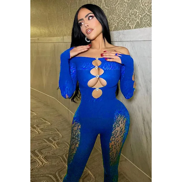 Sexy Royal Blue Stretchy Mesh Rhinestone Button Bodysuit Jumpsuit
