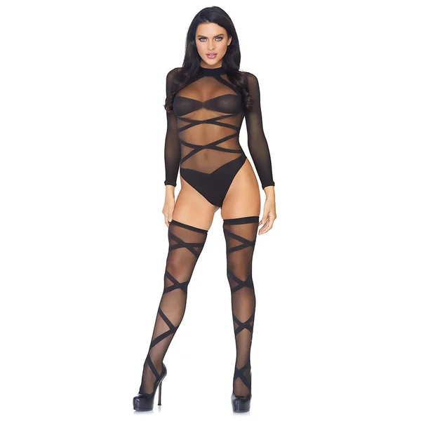Sheer Criss Cross Teddy and Matching Thigh High Set