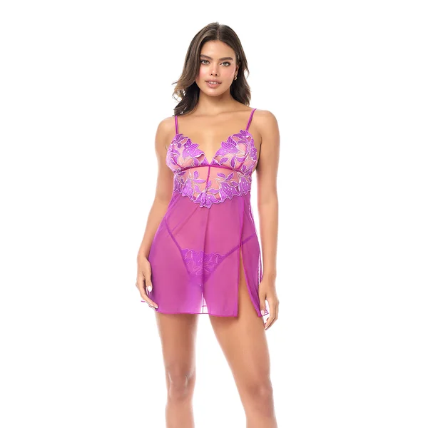 Sheer Mesh Floral Embroidery Babydoll Azalea Pink