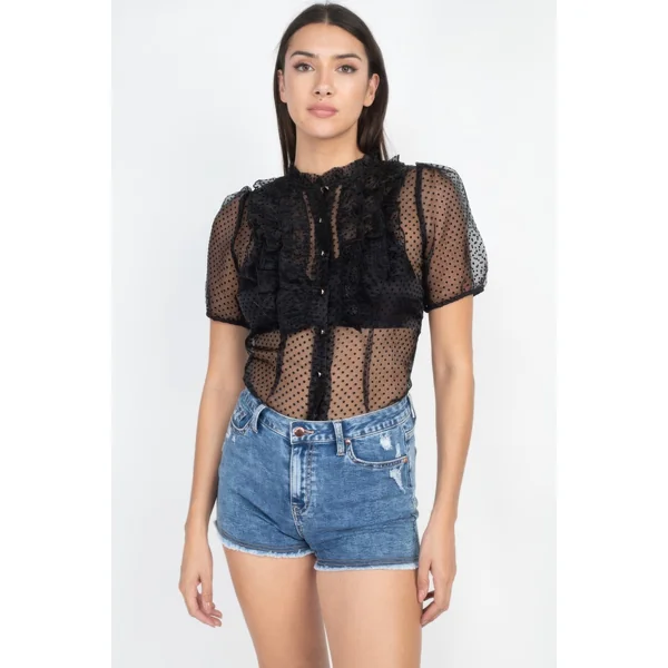 Sheer Ruffle-trim Dot Top