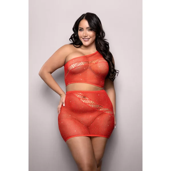Sheer Set The Tone Rhinestone Top & Skirt Red Queen