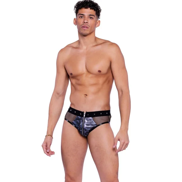 Shimmer Camouflage & Fishnet Zip-Up Briefs with Stud Detail