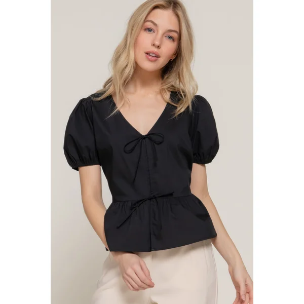 Short Puff Slv Tied Popline Top