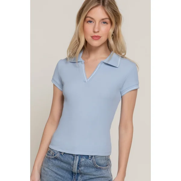 Short Slv Line Detail Polo Rib Knit Top