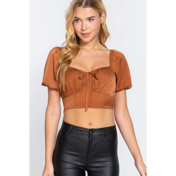 Short Slv Shirring Satin Crop Top