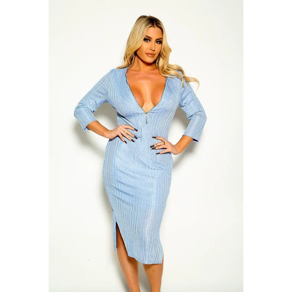 Sky Blue Long Sleeve V-Cut Zipper Sexy Party Plus Dress