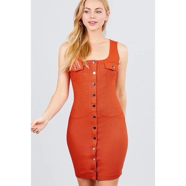 Sleeveless Deep Square Neck Button Down Detail Mini Woven Dress