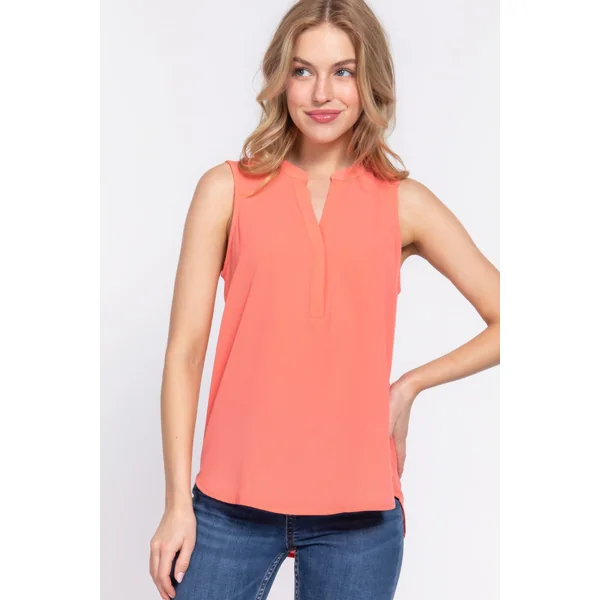 Sleeveless Henley Neck Woven Top