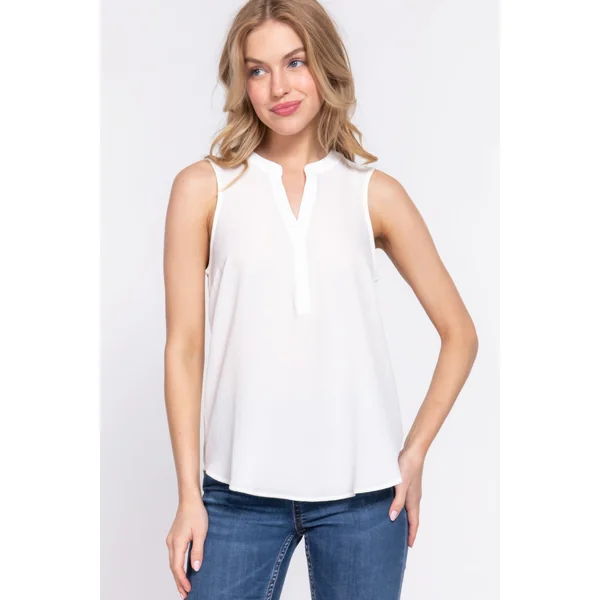 Sleeveless Henley Neck Woven Top