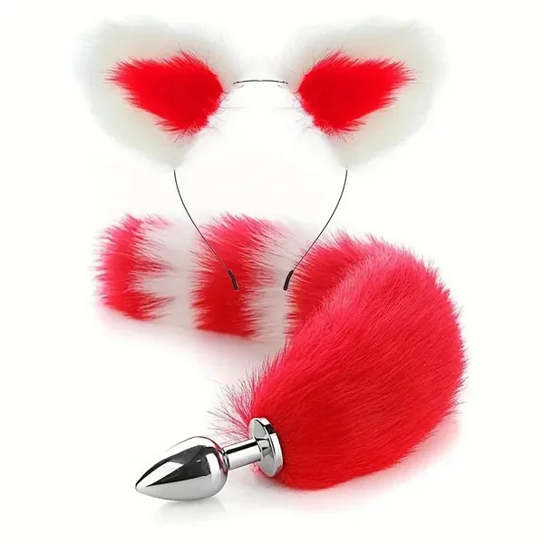 SM Metal Fox Tail Ear Set Animal Tail Butt Plug With Ear Set For BDSM