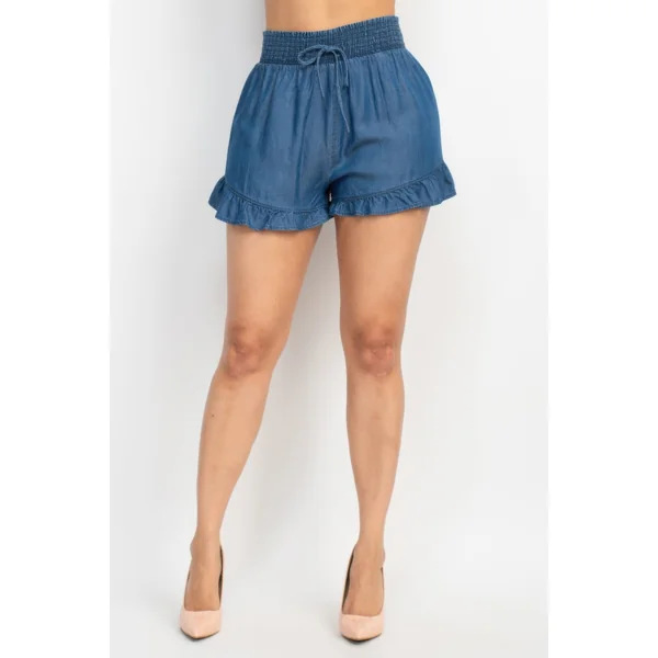 Smocked Waist Ruffled Denim Shorts