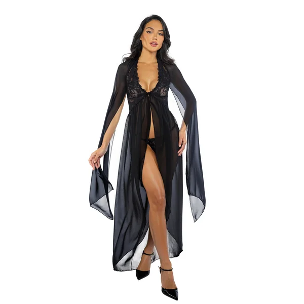 Smoldering Floral Eyelash Lace Chiffon Maxi Nightgown Set