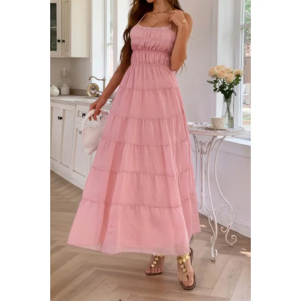 Solid Halter Ruched Textured Tiered Full Dress
