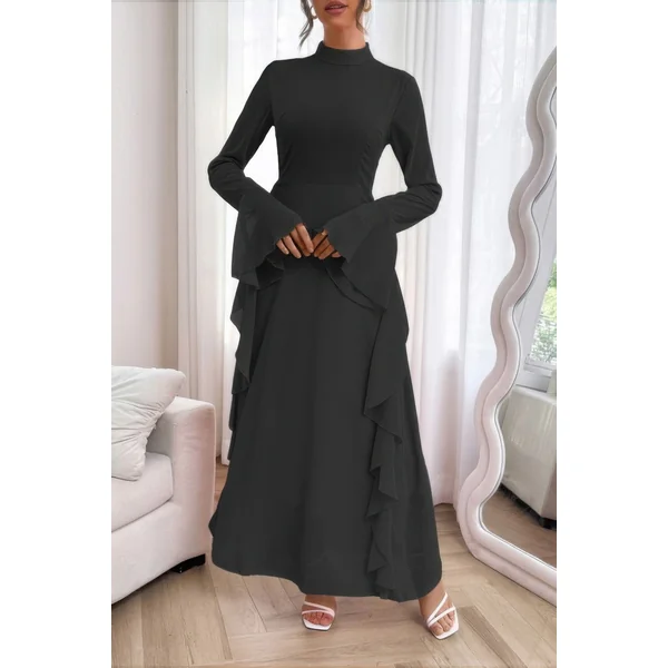 Solid Stand Collar Flare Sleeve Ruffle Full Dress