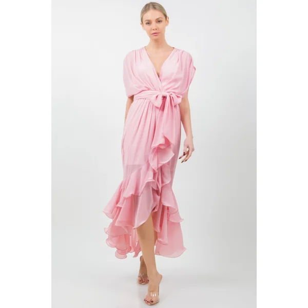 Solid Tie Waist Ruffle Midi Dress