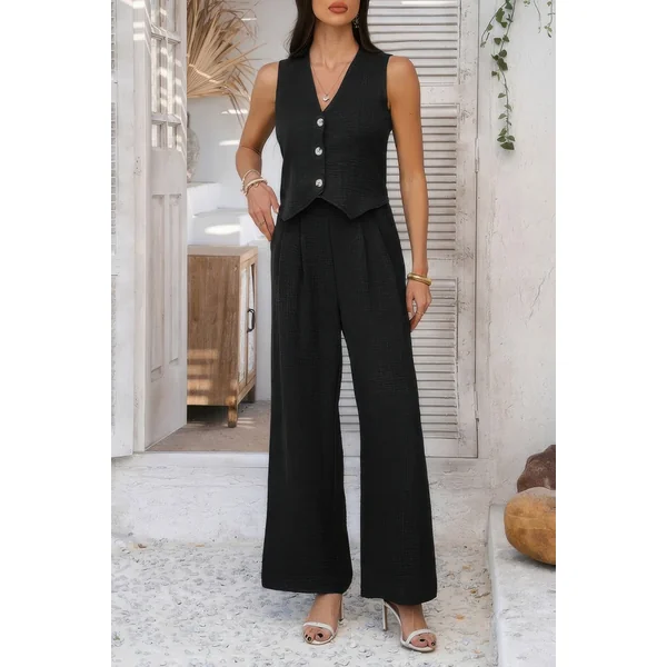 Solid V Neck Button Vest Pleated Suit Sets